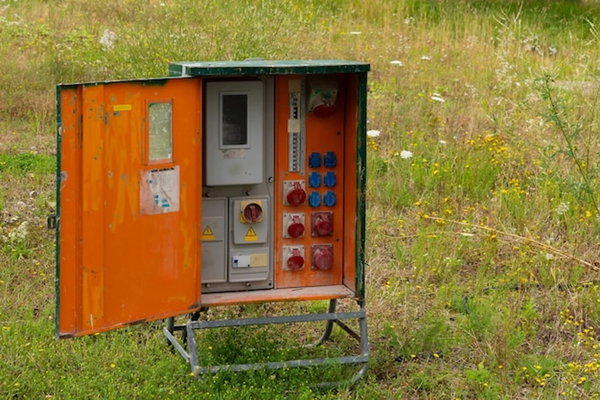 Stara pomarańczowa skrzynka elektryczna z otwartymi drzwiami