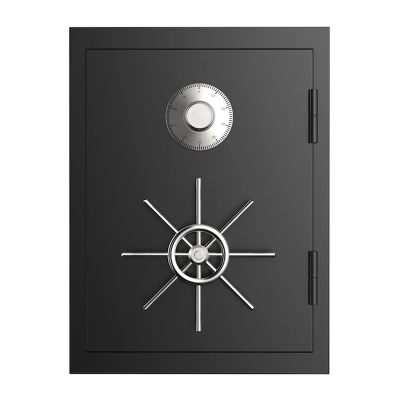 Metalowy sejf bankowy na białym tle