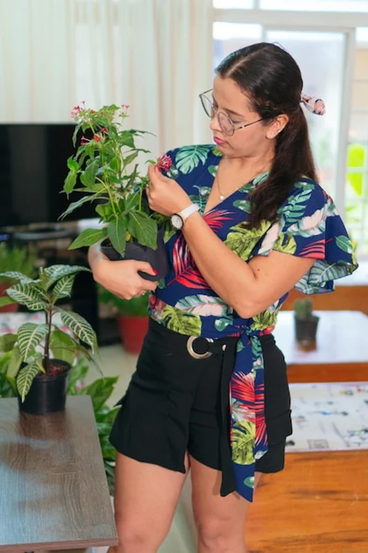 Kobieta opiekująca się roślinami w swoim domu