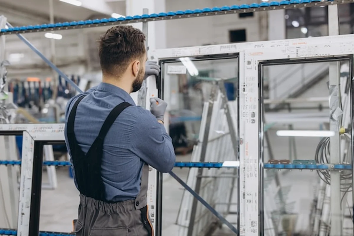 Pracownik montuje ramę okna na linii produkcyjnej