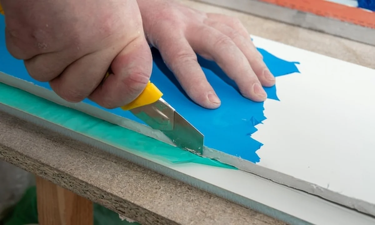 Męskie dłonie wycinają płytę warstwową z płyt gipsowo-kartonowych nożem budowlanym