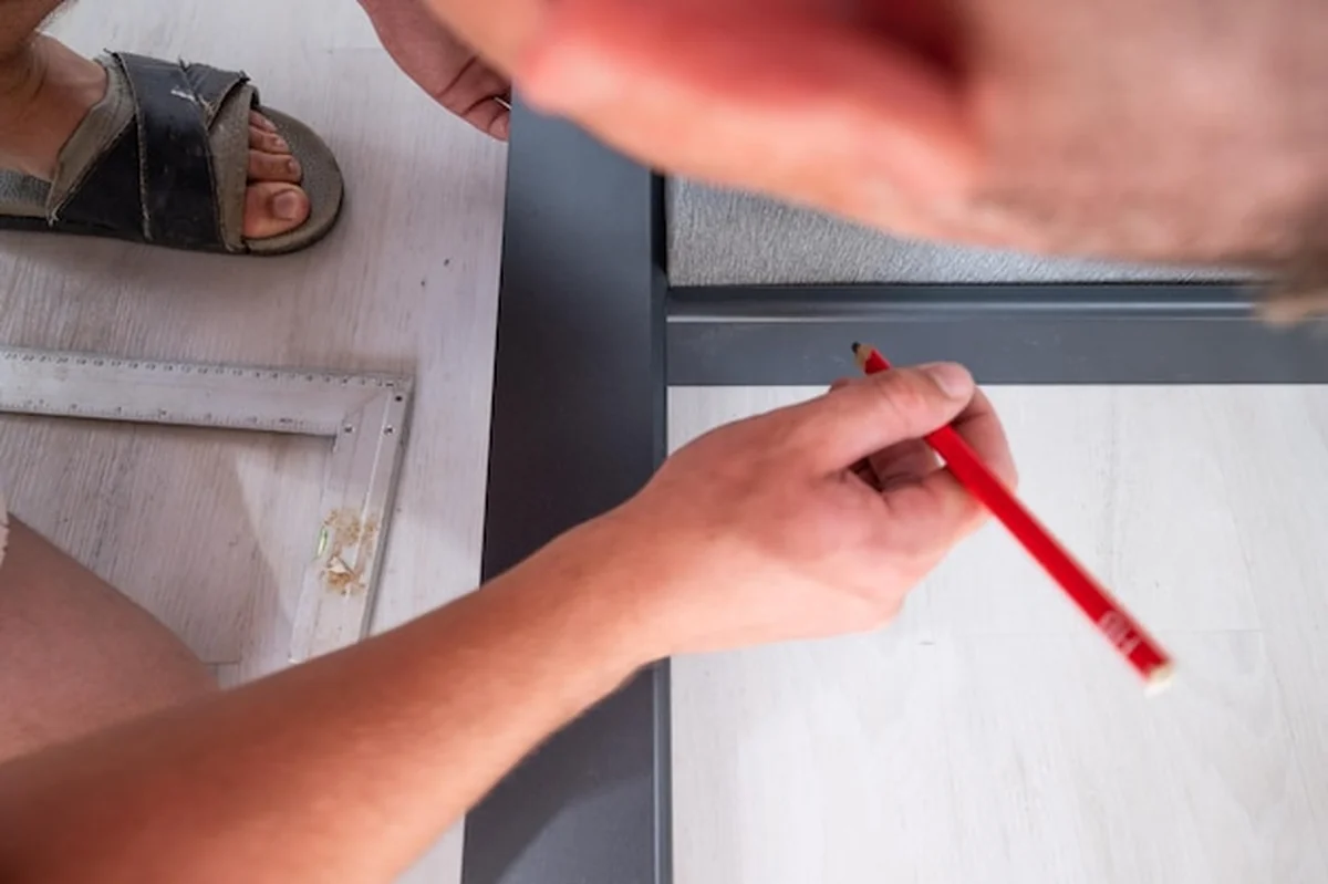 Mistrz mierzy długość cokołu do cięcia, instalując cokół na rogu ściany