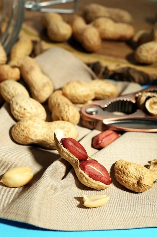 Orzeszki ziemne na kolorowym drewnianym tle