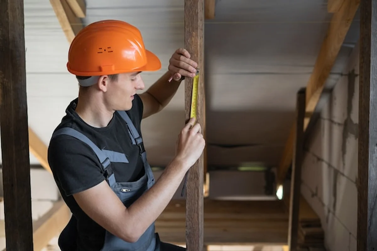 Mężczyzna budowniczy w odzieży roboczej i kasku mierzy odległość taśmą mierniczą