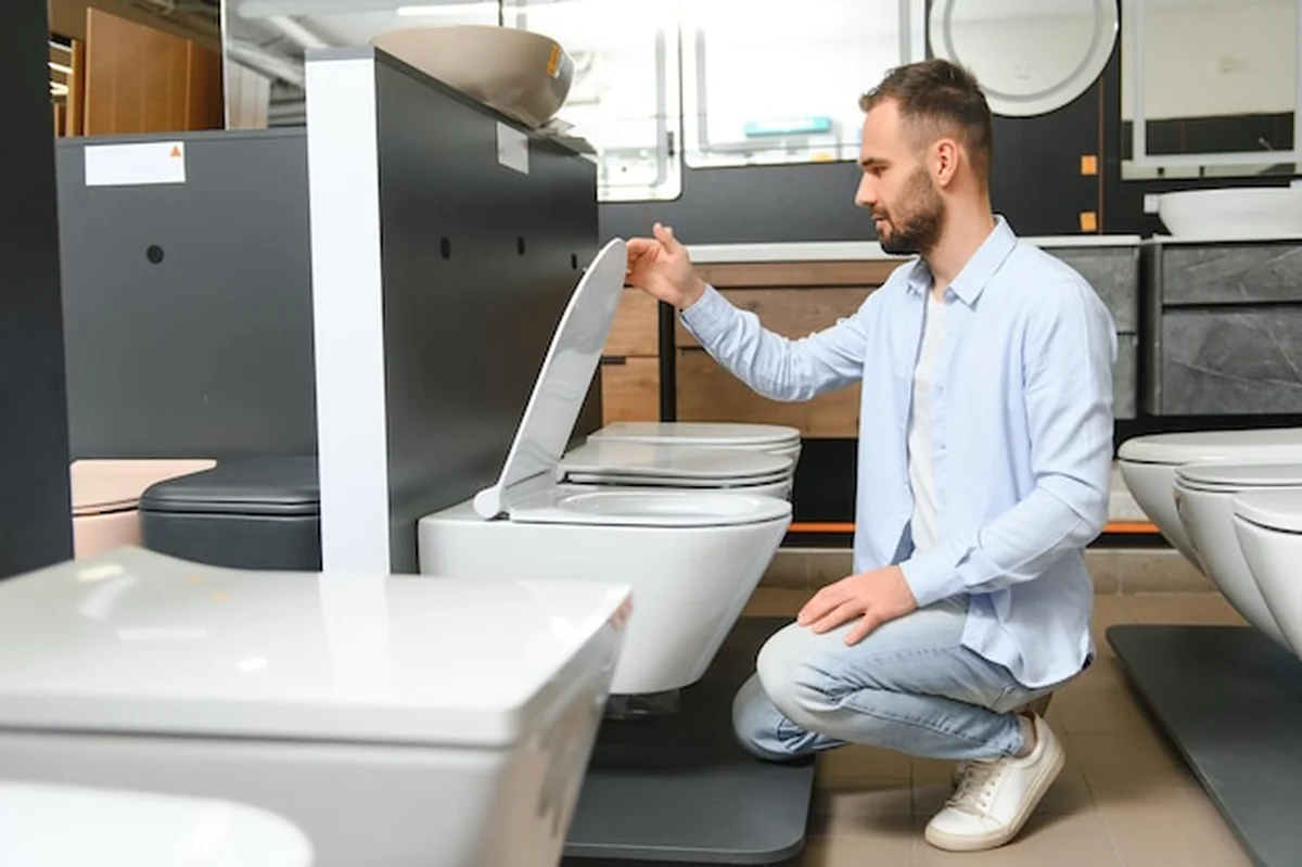 Mężczyzna wybiera domową toaletę w sklepie