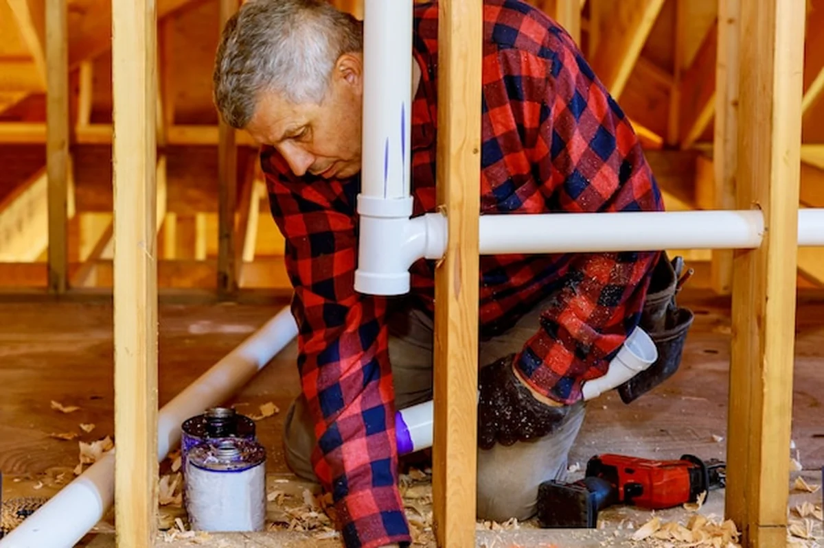 Hydraulik łączący rury plastikowe pod nowym domem